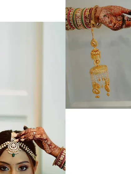 A focus on the traditional elements of a bride's look. This collage features a close-up of the matha patti and the symbolic kalire, details rich with cultural significance.