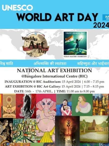 The official UNESCO World Art Day poster for the National Art Exhibition in Bangalore.