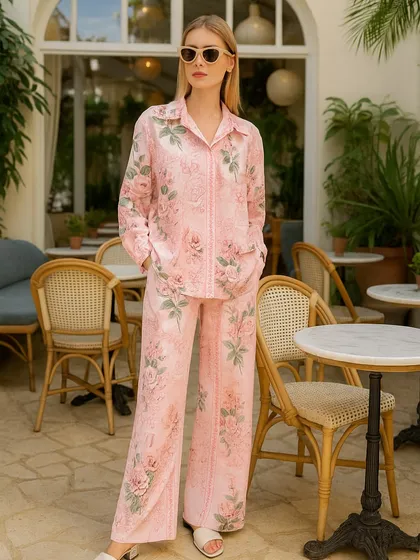 For a touch of romance, we recommend this beautiful pink floral co-ord set. The delicate rose print covers both the zip-front shirt and matching trousers, creating a cohesive and feminine look. The soft fabric and relaxed fit make it a comfortable choice for any casual occasion.