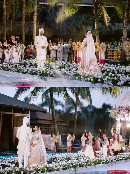 A two-part story of the varmala exchange over the pool, showing the couple's first moments as husband and wife, surrounded by guests and the beautiful resort setting.