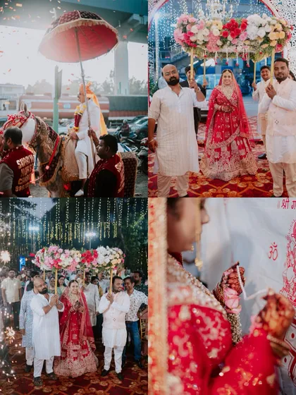 A collage capturing the groom's entrance on a horse (Baraat) and the bride's entry for a traditional wedding.