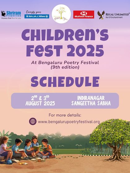 The main poster for the Children's Fest 2025 at the Bengaluru Poetry Festival. We are proud to host this free, two-day celebration of stories, songs, and pure magic.