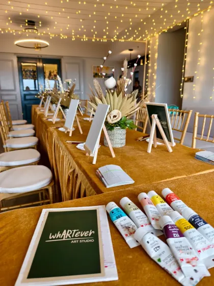 We take care of the entire setup for our guided paint parties. From our branded easels and canvases to a full palette of vibrant paints, we arrive with everything needed to turn your venue into a pop-up art studio.