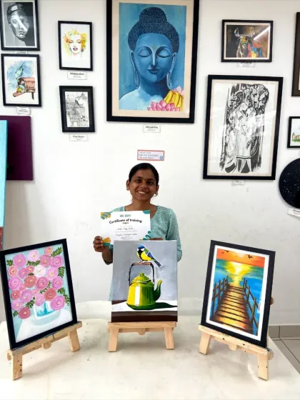 This student's acrylic paintings showcase a wonderful sense of color and composition, from a floral piece to a serene landscape.