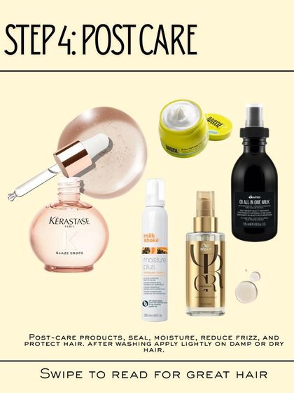 Step 4 is Post Care. After washing, I use products like serums and leave-in conditioners to seal in moisture, reduce frizz, and protect your hair before styling.
