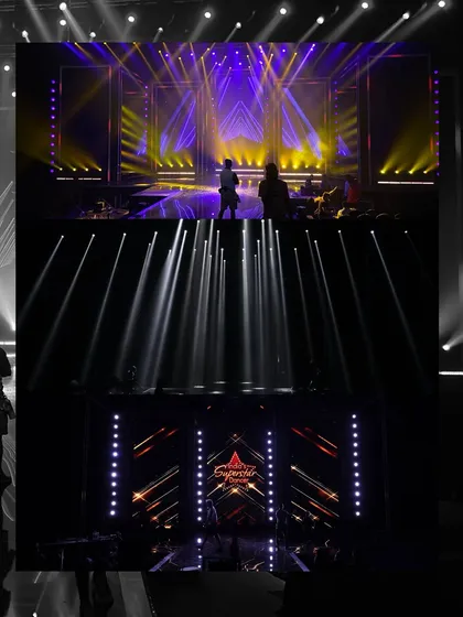 This composite shot from the 'Be Happy' set shows how the on-screen graphics and the physical lighting beams are designed to work together, creating a cohesive and immersive visual stage for the performers.