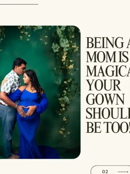 A magical moment for a couple, with the mom-to-be in a royal blue gown against a lush green backdrop.