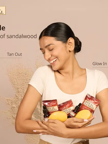 Another shot from the Santoor campaign, emphasizing a natural and happy glow. The makeup and sleek hair are minimal to align with the skincare product's promise of radiant, healthy skin.