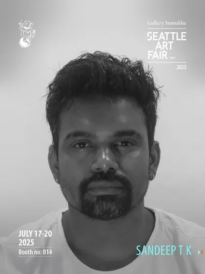 The artist announcement for Sandeep TK, pairing his portrait with his poignant words. This approach connects the viewer to the personal stories that fuel the artwork.