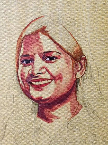 A close-up of the work in progress, focusing on building the layers of her face. I start with base tones and gradually add shadows and highlights to create a realistic form.