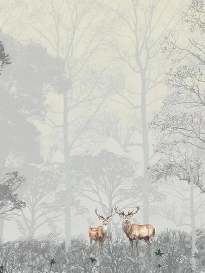This 'Tropical Heritage' wallpaper design features deer in a misty, monochromatic forest, creating a serene and elegant atmosphere.