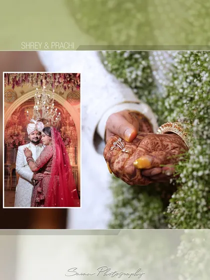 An album page design focusing on a close-up of the couple's hands during a ritual, with a portrait inset.