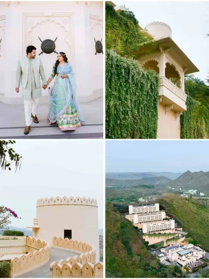 A collage showcasing the stunning architecture and scenic views of Alila Bishangarh, perfectly capturing the essence of this unique destination wedding venue.