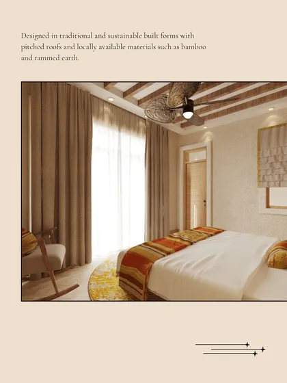 A detailed look at the bedroom in Dev Villas, designed with traditional and sustainable forms. The text highlights the use of pitched roofs and locally available materials like bamboo.