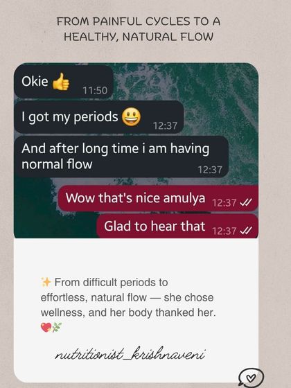 A client testimonial from Amulya, who is celebrating getting her periods with a normal flow after a long time, just four weeks into the program. This shows how quickly the body can respond when you give it the right support.