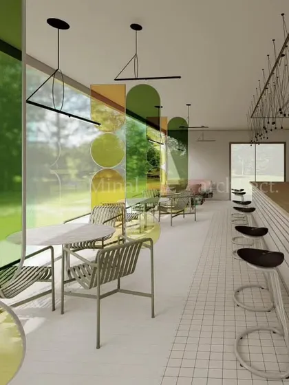 A view from the window seating in our cafe concept. The design uses clean lines, simple furniture, and a neutral color palette to allow the colorful glass installations to become the main feature.