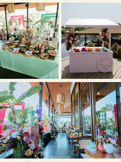 A collage showcasing the food and drink stations at the welcome lunch, with a pastel-colored cart and a buffet table adorned with tropical flowers.