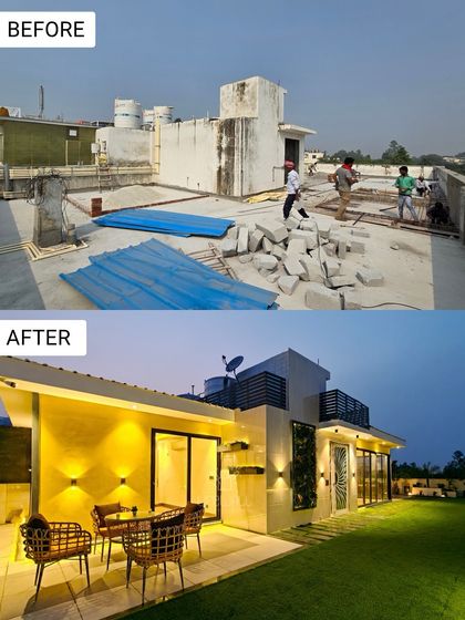 This before-and-after shows a complete structural and aesthetic overhaul. We turned a messy, unused space into a sophisticated outdoor area with a dedicated seating zone, vertical gardens, and a lush lawn.