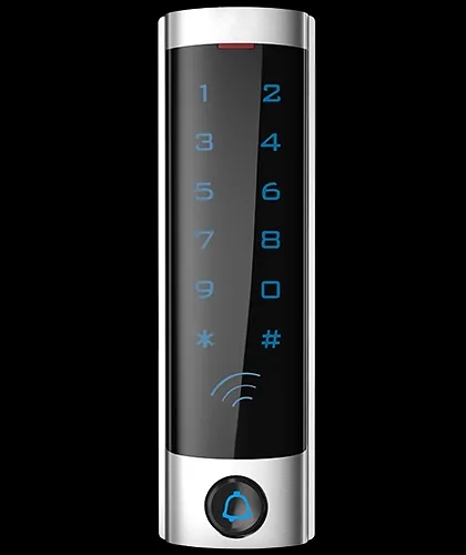 This is a sleek, touch-sensitive digital keypad for modern access control. Its vertical design and illuminated numbers offer a sophisticated and user-friendly alternative to traditional keys or cards for securing doors and entry points.