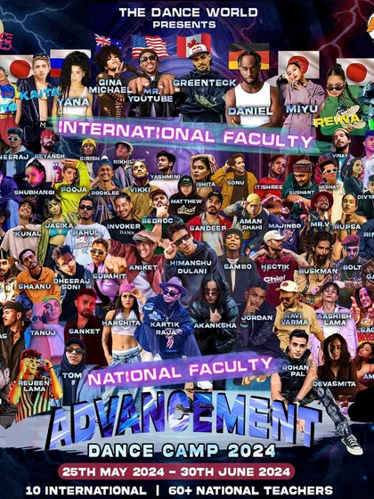 The full poster for Advancement Dance Camp, featuring over 60 national and 10 international teachers. I'm proud to be part of this incredible lineup.