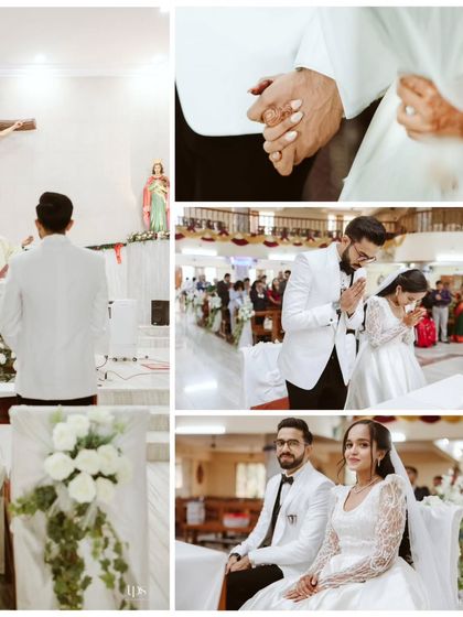 More intimate moments from the ceremony, including the couple holding hands, praying together, and seated before the altar. The decor is designed to enhance, not distract from, the solemnity of these moments.
