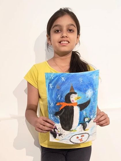This artist added a whole family of penguins to her snowy scene, showing great creativity and storytelling.