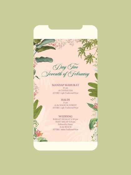 The digital itinerary for Day Two of the Goa wedding. The color palette shifts to a warm blush pink, signaling a new day of celebrations while maintaining the cohesive tropical theme.