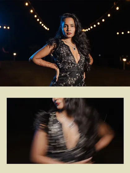 A diptych of the bride at a cocktail party, one sharp portrait and one with creative motion blur, showcasing her dynamic personality.