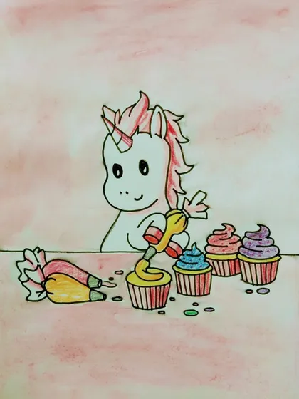 A whimsical unicorn baking cupcakes, created by one of my junior students in an online class. It’s amazing to see such creativity blossom from a distance.