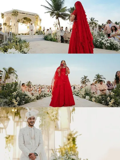 A collage of moments from a Goa beach wedding. From the bride walking the aisle to the groom's loving gaze, her makeup remains flawless and radiant throughout the ceremony.