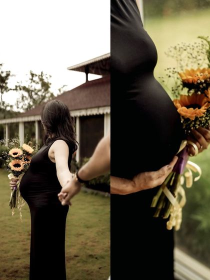A collage that pairs a wide shot of the couple with a close-up on the baby bump and a bouquet, all in a rich, warm monochrome.