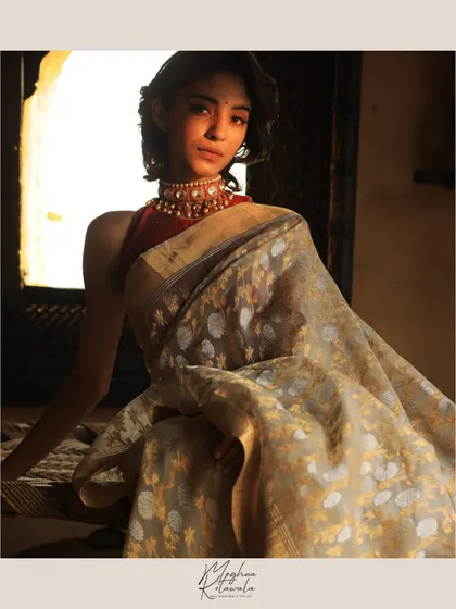 This shot, styled for a handloom brand, is all about texture and tradition. The beautiful Banarasi saree is the hero, complemented by a rich maroon blouse and a statement choker. The window light creates a soft, painterly effect, embodying timeless Indian elegance.