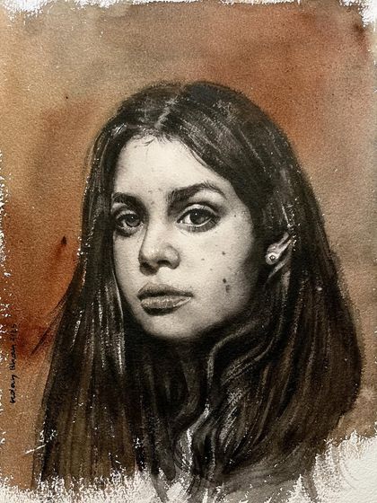 A monochrome portrait from my ongoing watercolor course, focusing on value study. The subject is a young woman with a thoughtful expression.