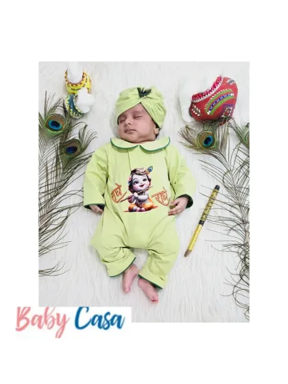 One of the cutest Krishnas in our comfy Janmashtami outfits. This baby is sleeping peacefully in a light green printed romper, complete with a turban and peacock feathers.
