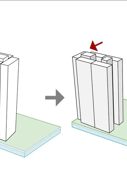 Our design process begins with fundamental massing studies, as shown in this diagram. We split the building's mass to reduce overlooking between units and create a more balanced, visually appealing volume.