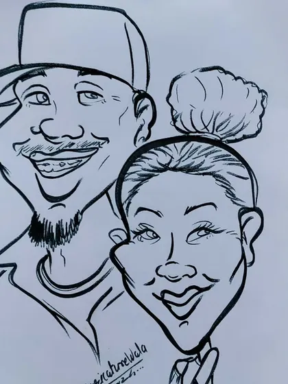 This couple caricature shows how I can blend two people into one cohesive and fun artwork.