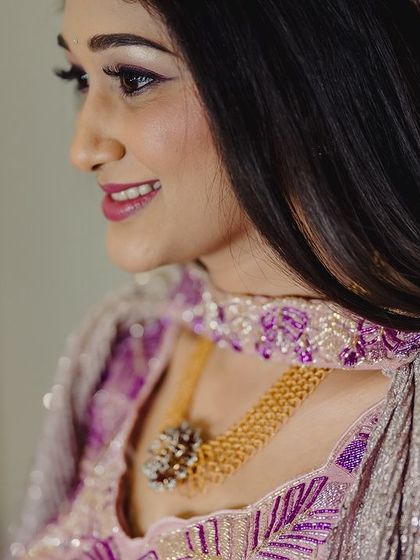 A close-up of Surabhi's sangeeth makeup. The look is soft and pretty, with a focus on her expressive eyes.