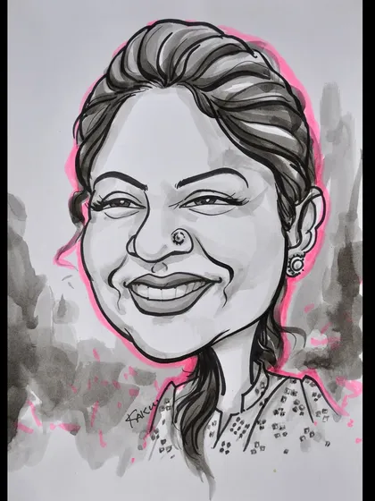 A finished individual portrait created with ink and marker, with a pop of pink to highlight the subject. I focus on capturing a person's likeness and expression to create a piece that is both fun and a true reflection of them.