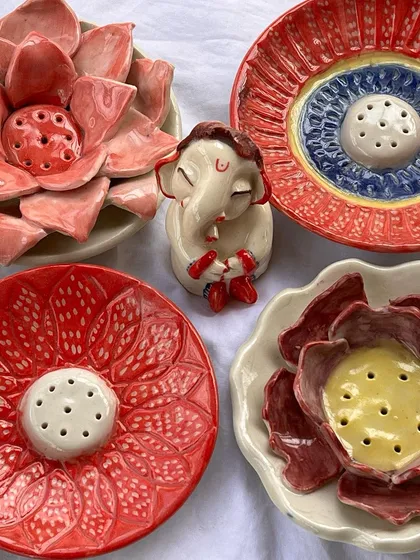 Our colorful, flower-shaped incense holders are another popular item during the festive season. They are all handmade with lots of love.