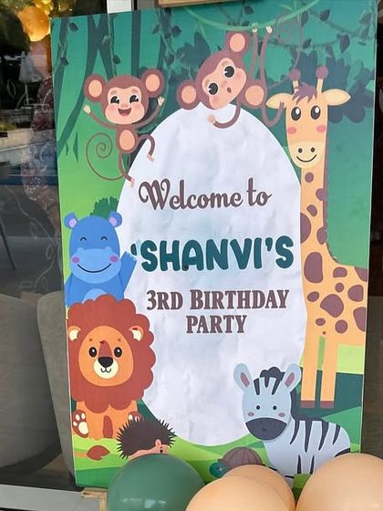 A cute and friendly welcome sign for Shanvi's 3rd birthday party, featuring a variety of cartoon jungle animals.