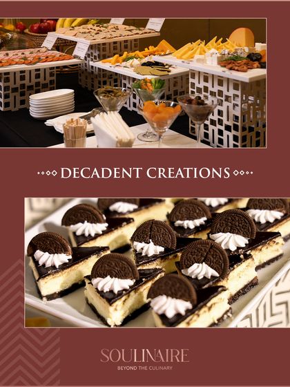 A collage of decadent creations, from cheese boards to Oreo cheesecakes, perfect for corporate events. We offer a wide range of indulgent options.