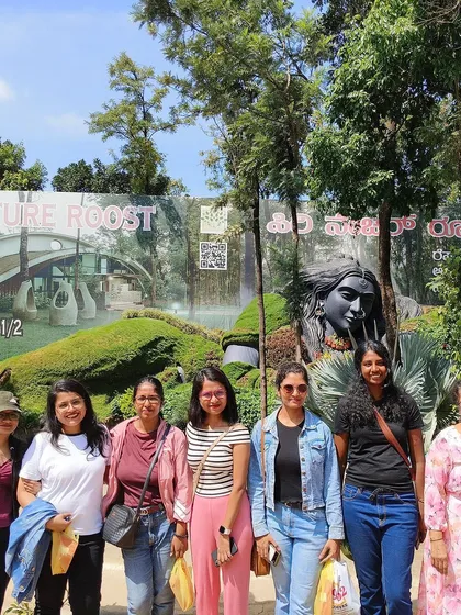 A group of women travelers posing at Siri Cafe in Chikmagalur.