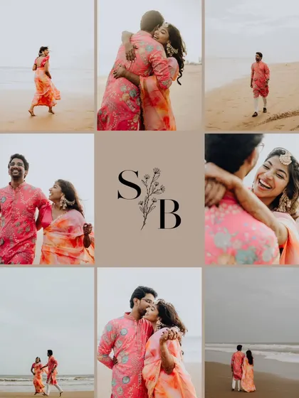 A beautiful collage from a pre-wedding shoot on the beach, capturing a variety of playful, romantic, and candid moments.