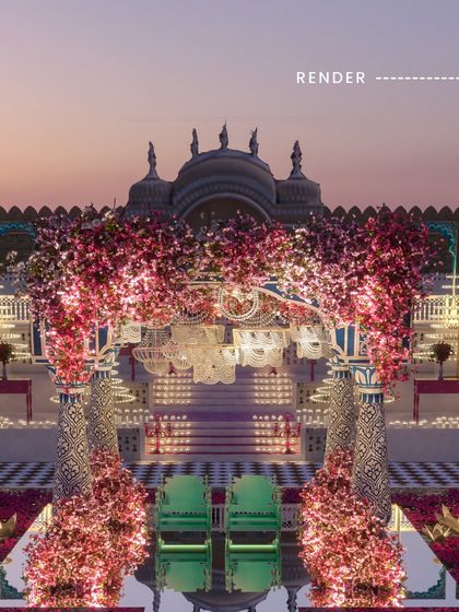 Render: This was our digital vision for a regal mandap at Nahargarh Palace, floating on water. The render focused on the interplay of bougainvillea, traditional blue-pottery inspired pillars, and the sunset glow, setting a blueprint for a truly royal ceremony.