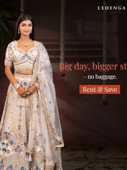 Big day, bigger style, no baggage. This stunning ivory lehenga with delicate blue and purple floral embroidery is a perfect example of the designer quality we offer for rent.