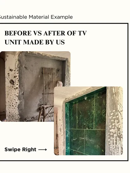 A practical example of sustainable material use. This before-and-after shows a TV unit niche being transformed using marble, an eco-friendly and durable alternative to conventional wood or plywood.