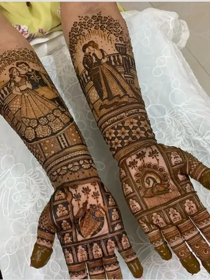 A modern love story depicted in mehndi, with portraits of a couple in western attire, set against a romantic backdrop.