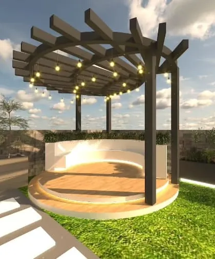 A render of a circular open-air pergola with built-in seating, designed to be a central gathering point in the garden.
