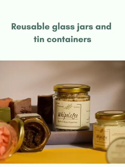 Our reusable glass jars and tin containers are sourced locally to reduce our carbon footprint. They are perfect for upcycling into storage for spices, jewelry, or other small treasures.