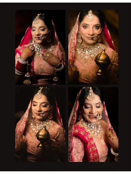 A four-part collage of the bride's portraits, capturing her expressions as she holds a traditional object, all set against a dramatic dark background.